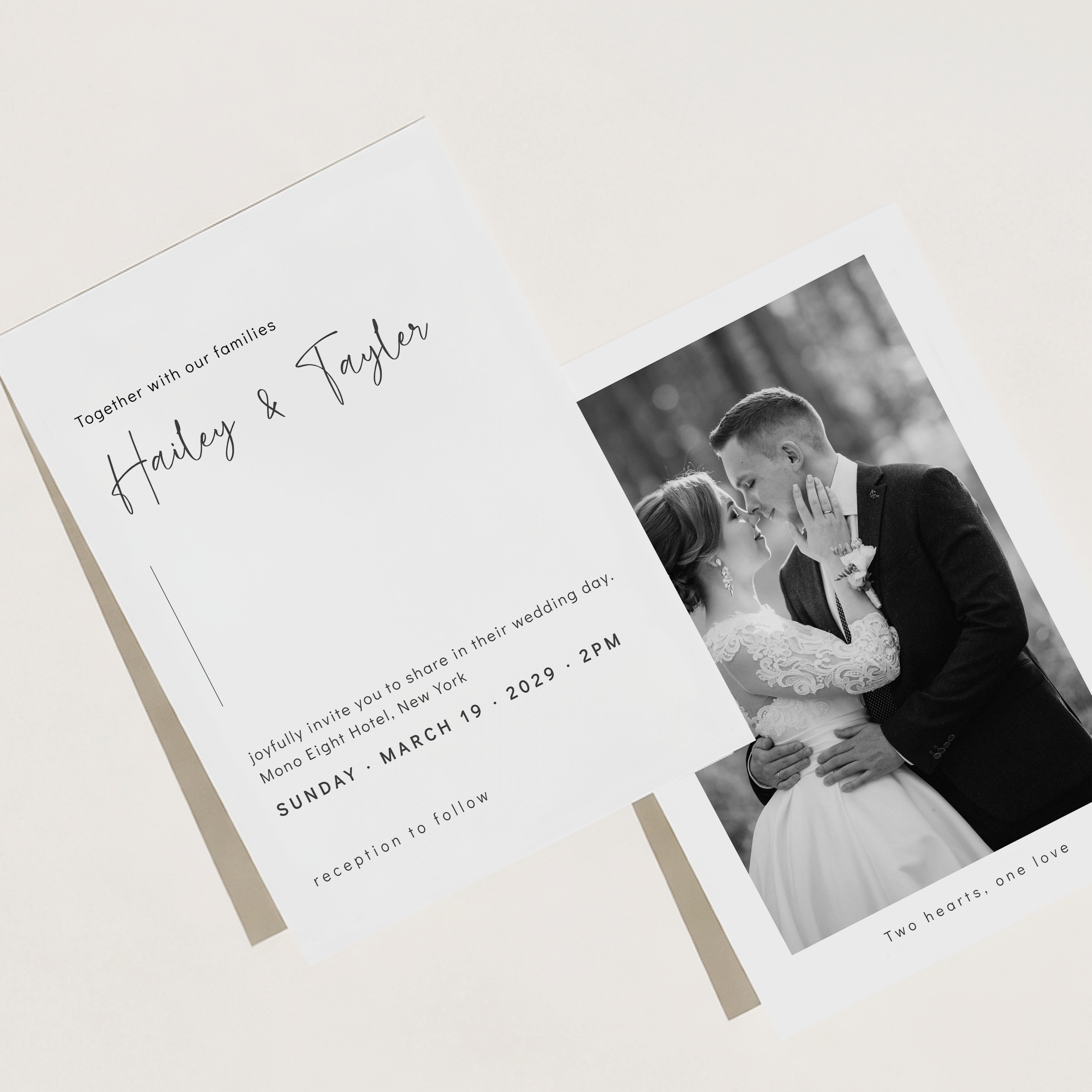 Wedding invitation card with a black and white photo of a couple and text details.
