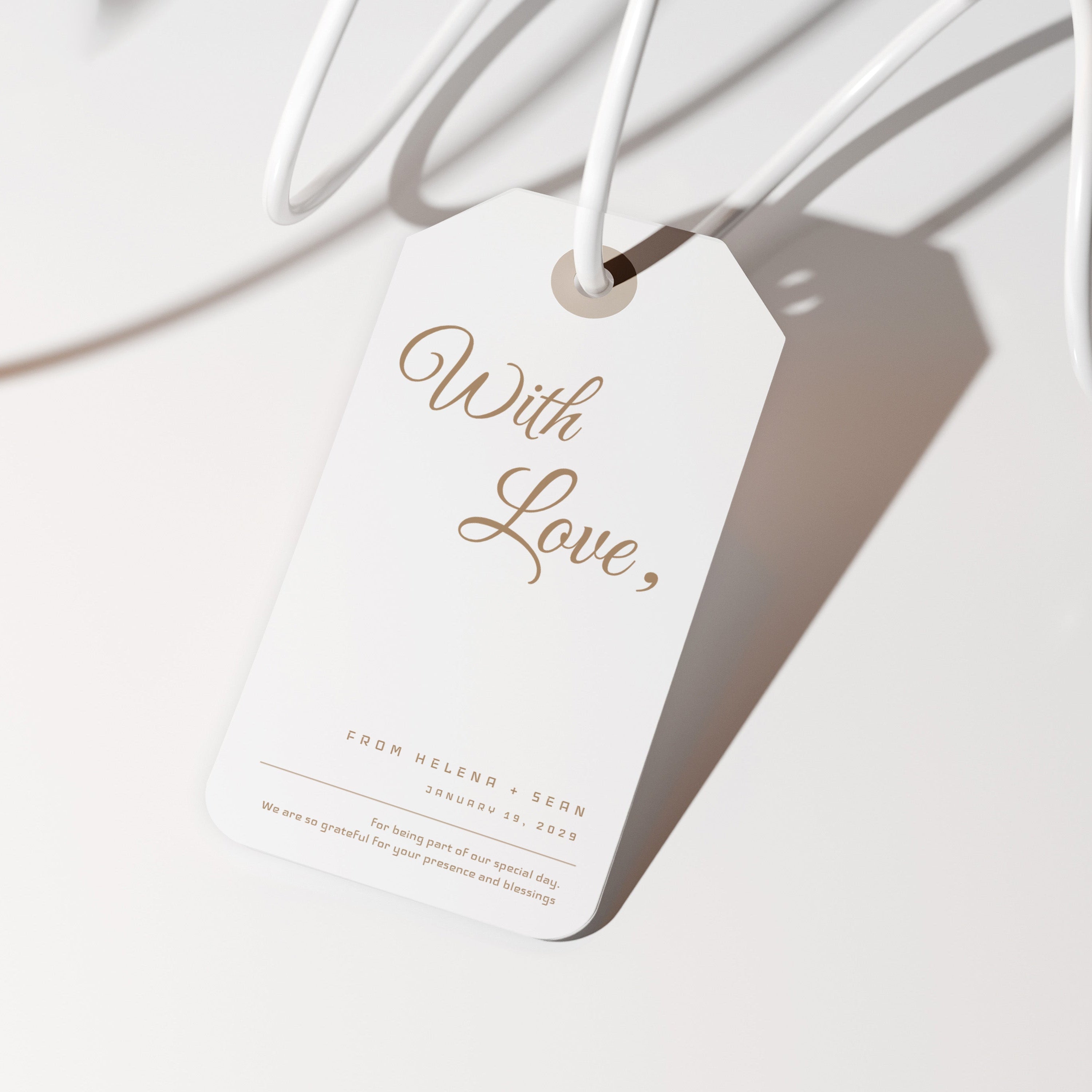 With Love script thank you favor tag featuring elegant handwritten typography on a minimal dark background