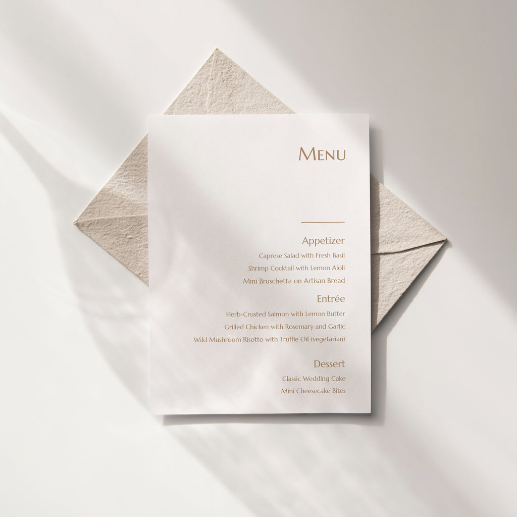 Minimal wedding menu with a vertical column layout, printed on white textured paper with refined typography.