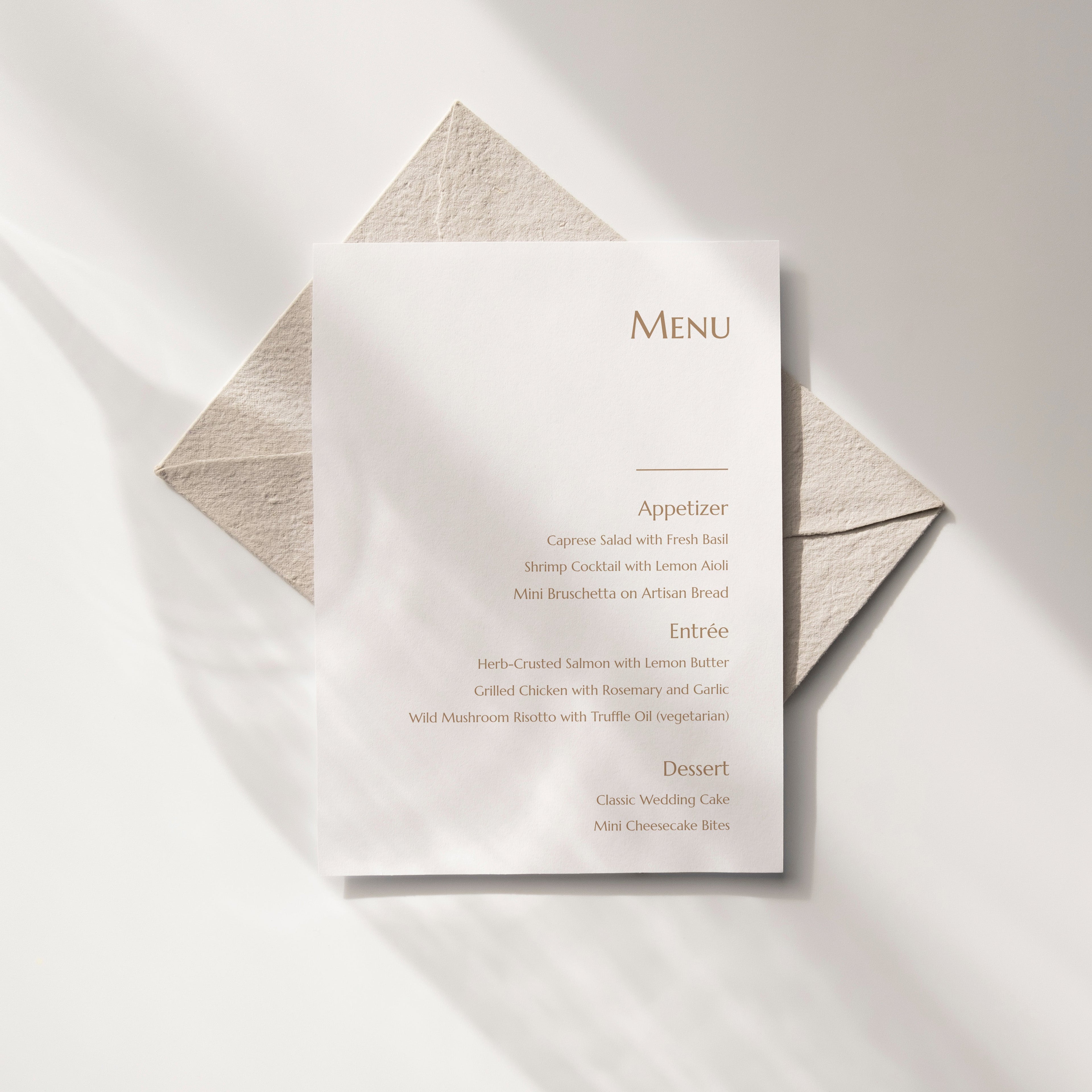 Minimal wedding menu with a vertical column layout, printed on white textured paper with refined typography.