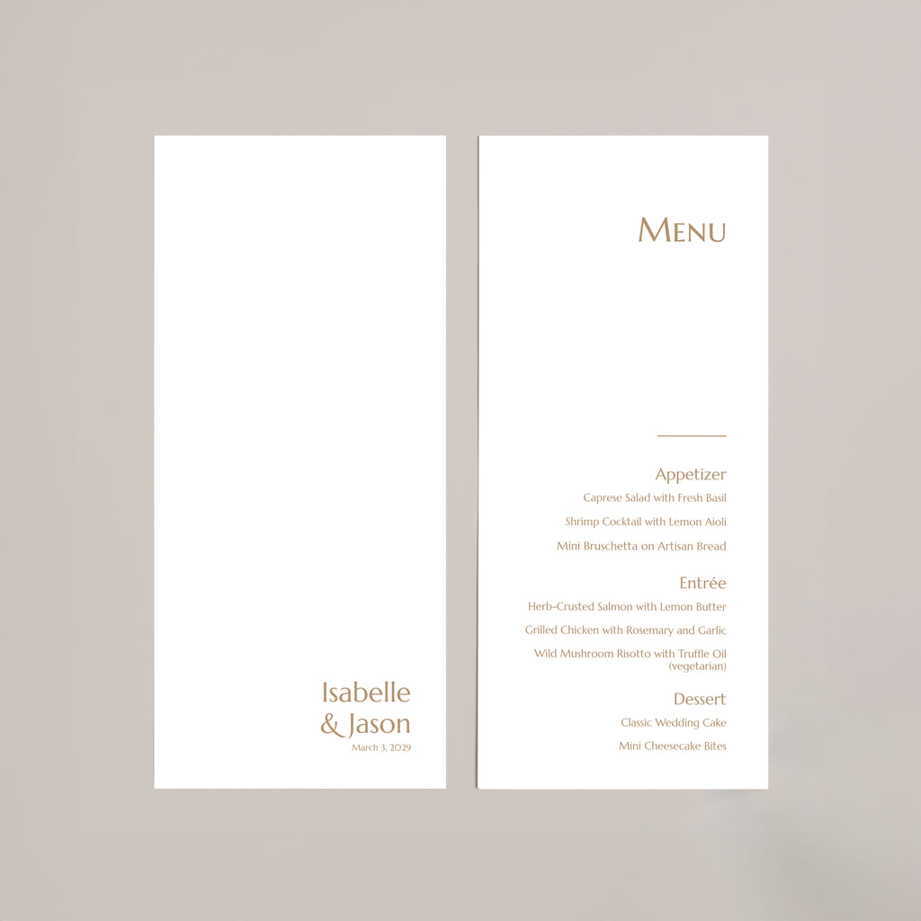 Two white menu cards with gold text on a beige background
