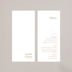 Two white menu cards with gold text on a beige background