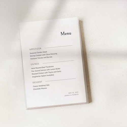 Minimalist Wedding Menu card with a list of food items on a white background