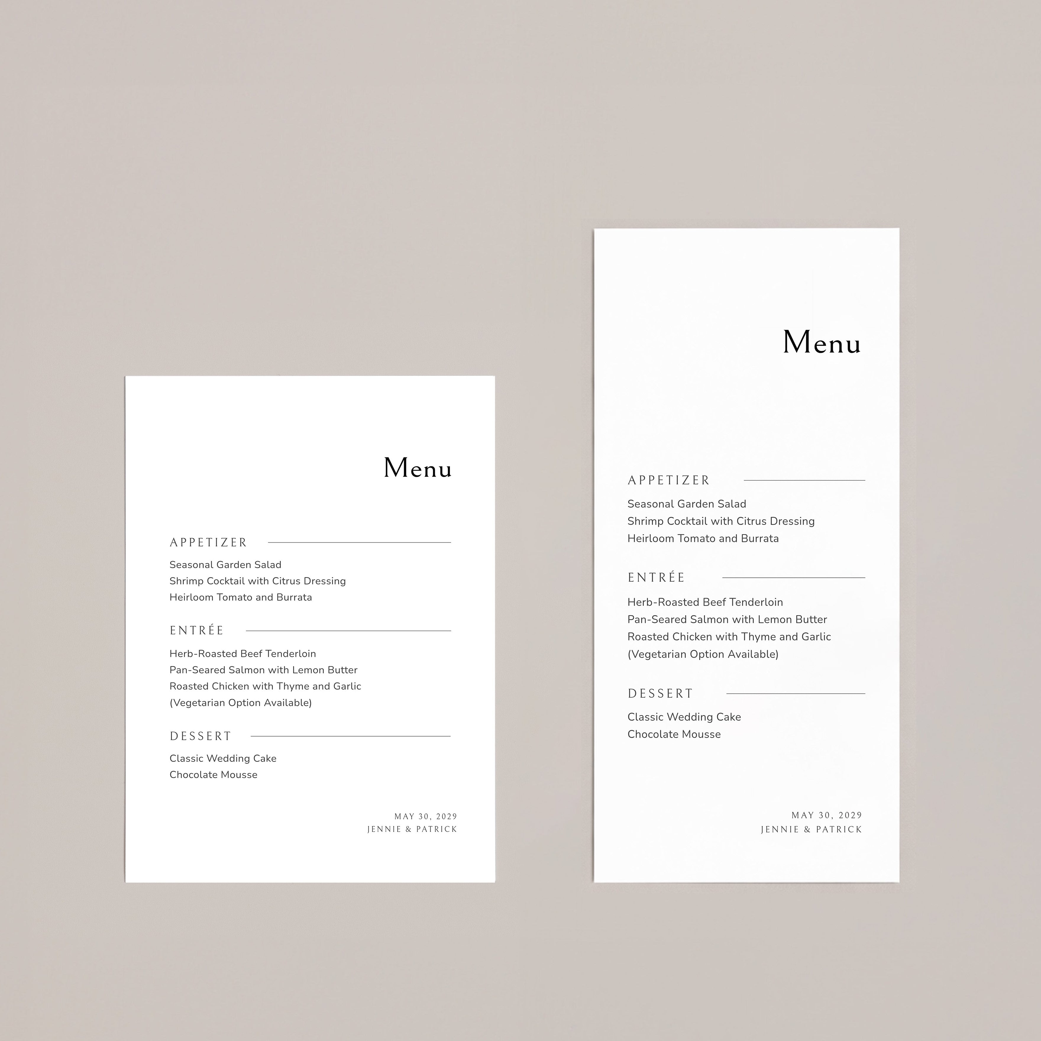 Two white menu cards with black text on a beige background