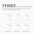 Three distinct tag styles with 'Thank You' text on a white background.