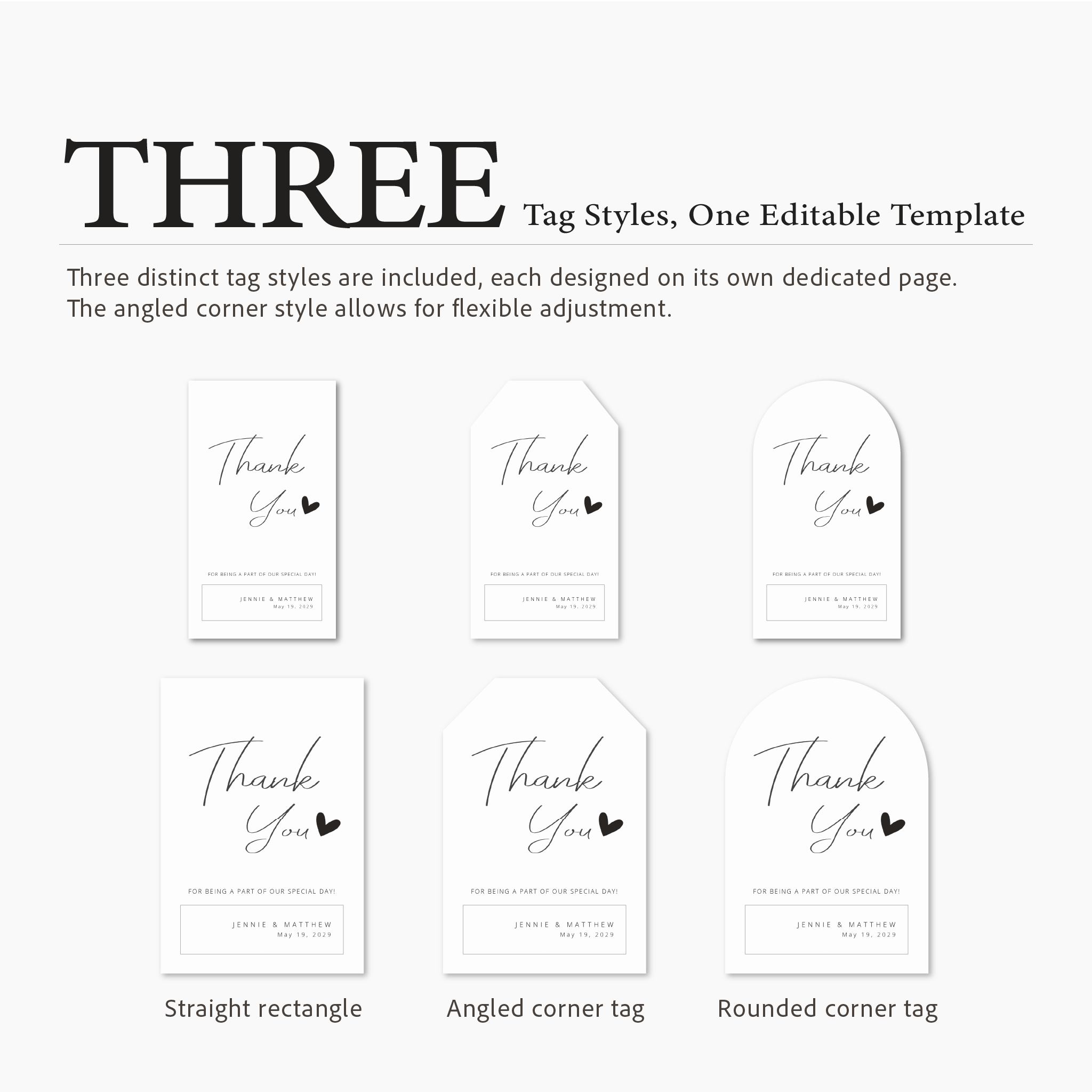 Three distinct tag styles with 'Thank You' text on a white background.