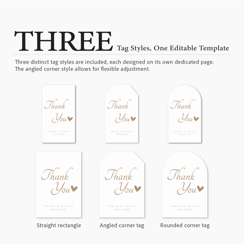Three distinct 'Thank You' tag styles on a white background with text indicating they are part of an editable template.