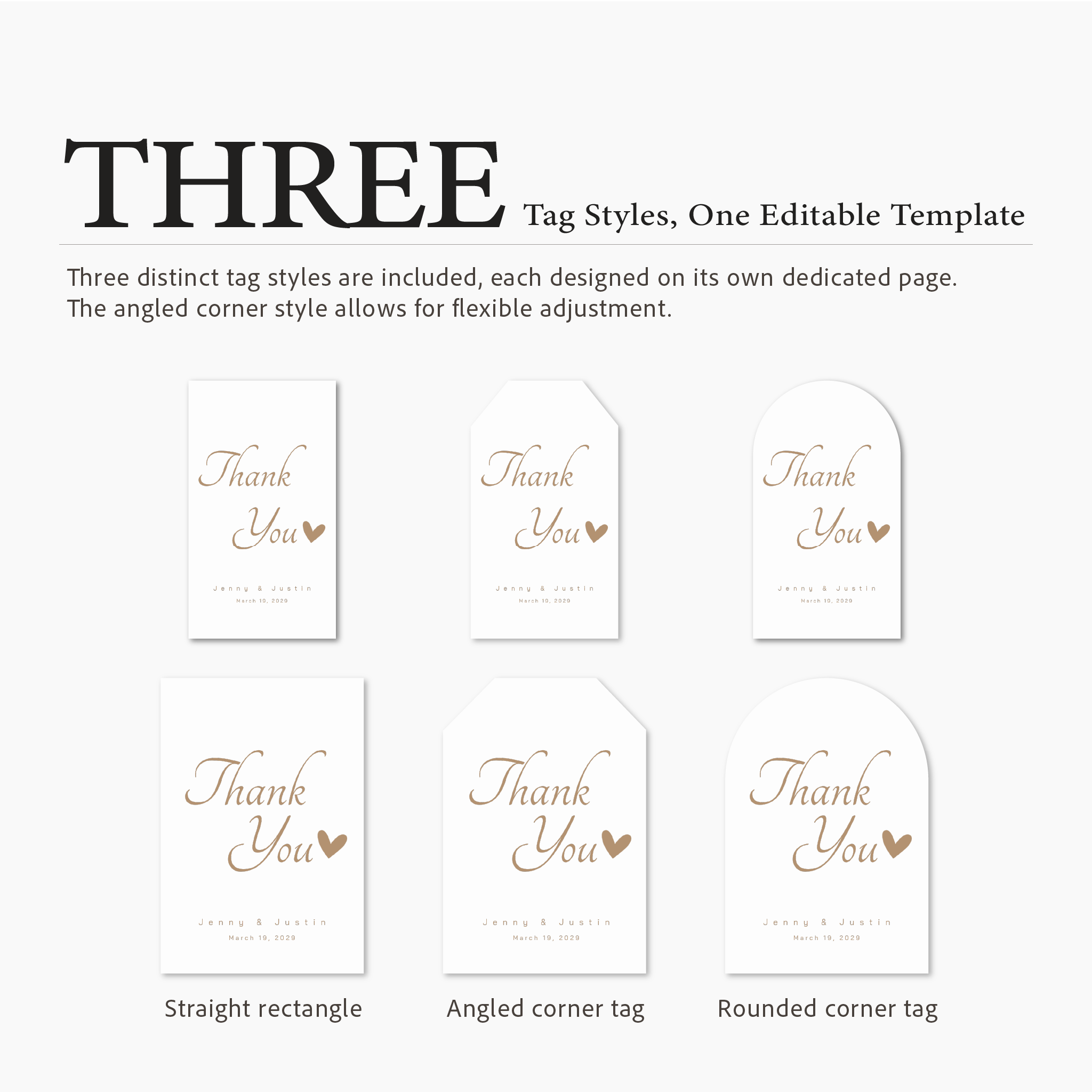 Three distinct 'Thank You' tag styles on a white background with text indicating they are part of an editable template.