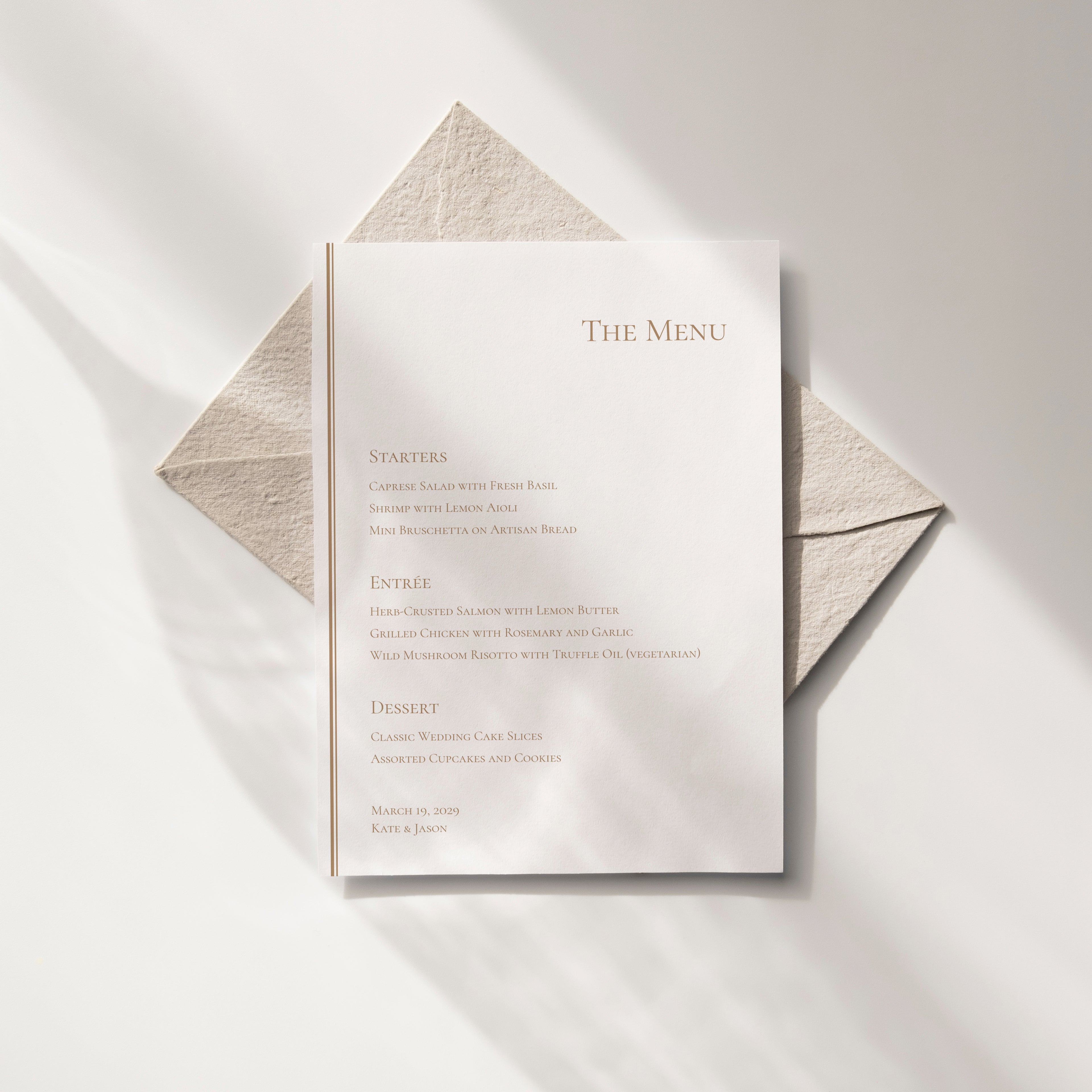 Minimal wedding menu design featuring a refined vertical frame, balanced typography, and a calm, editorial layout.