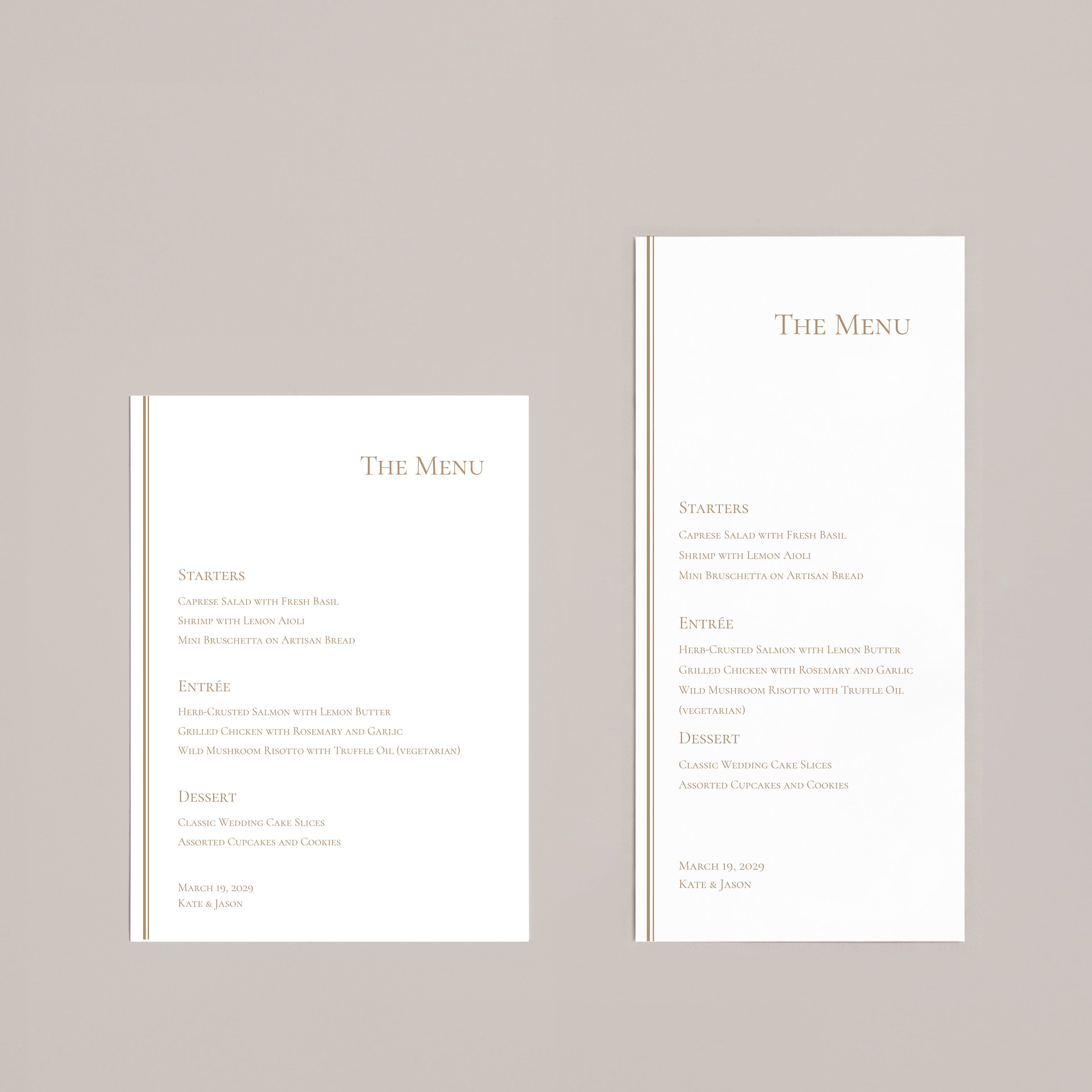 Two refined luxury white wedding menu design template cards with text on a beige background