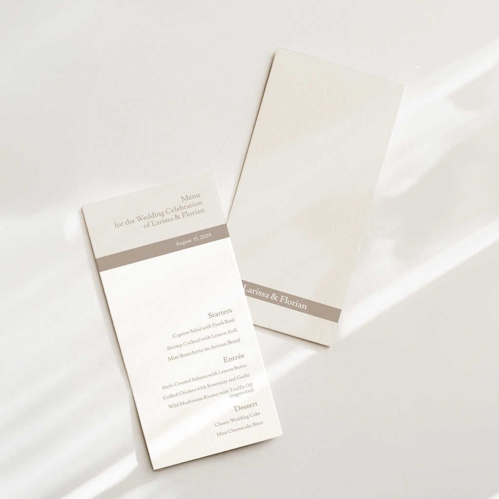 Minimal wedding menu design with horizontal band detail, refined typography, and balanced spacing, shown in two coordinated layouts with a clean, modern composition.