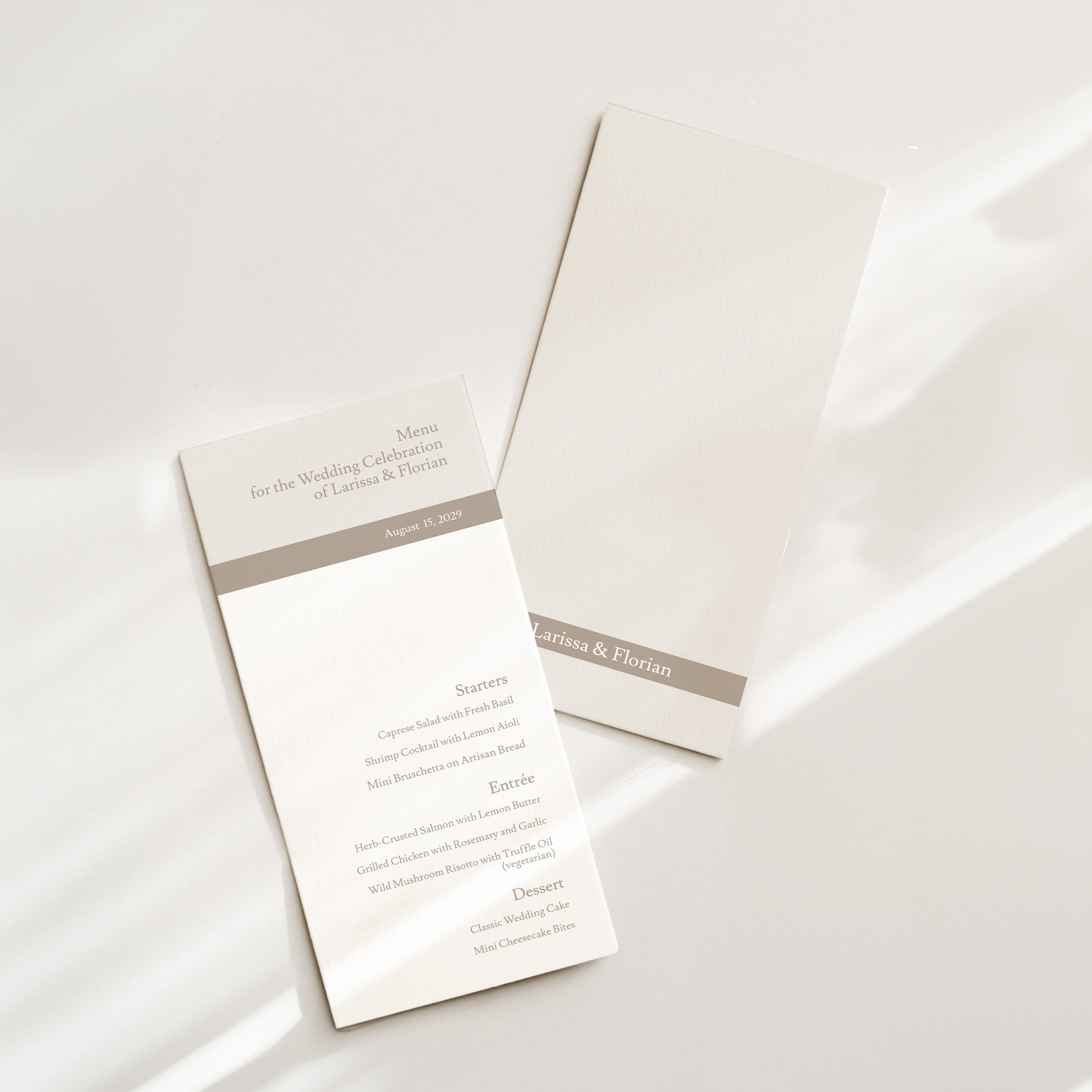 Minimal wedding menu design with horizontal band detail, refined typography, and balanced spacing, shown in two coordinated layouts with a clean, modern composition.
