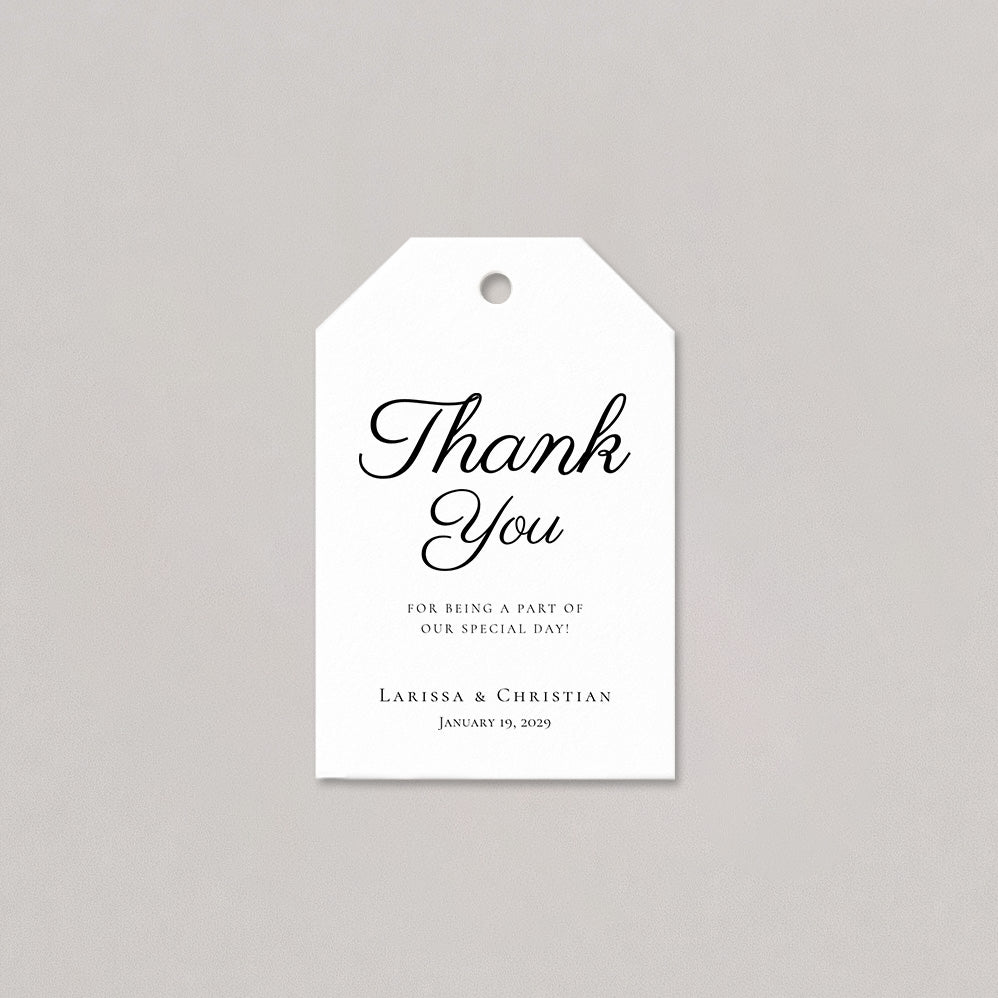 White tag with 'Thank You' text on a gray background