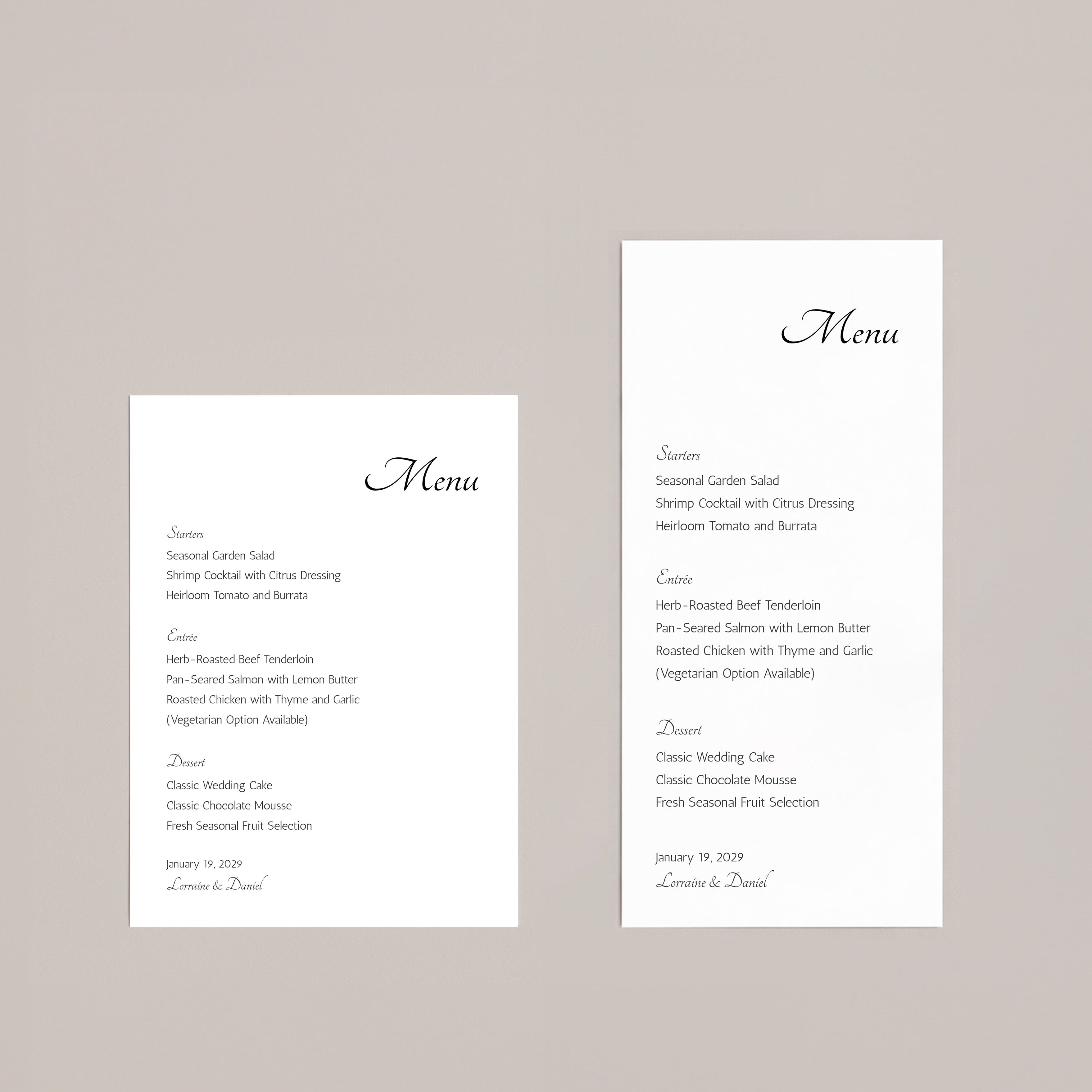 Two quiet luxury wedding menu card design templates on a beige background