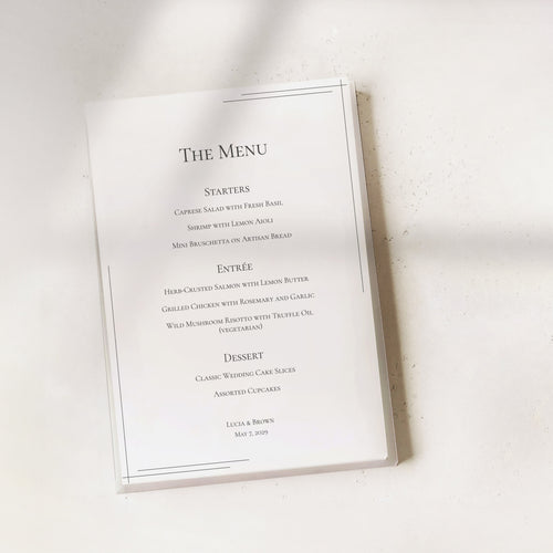 Modern Minimalist Wedding Menu with a list of food items on a white background