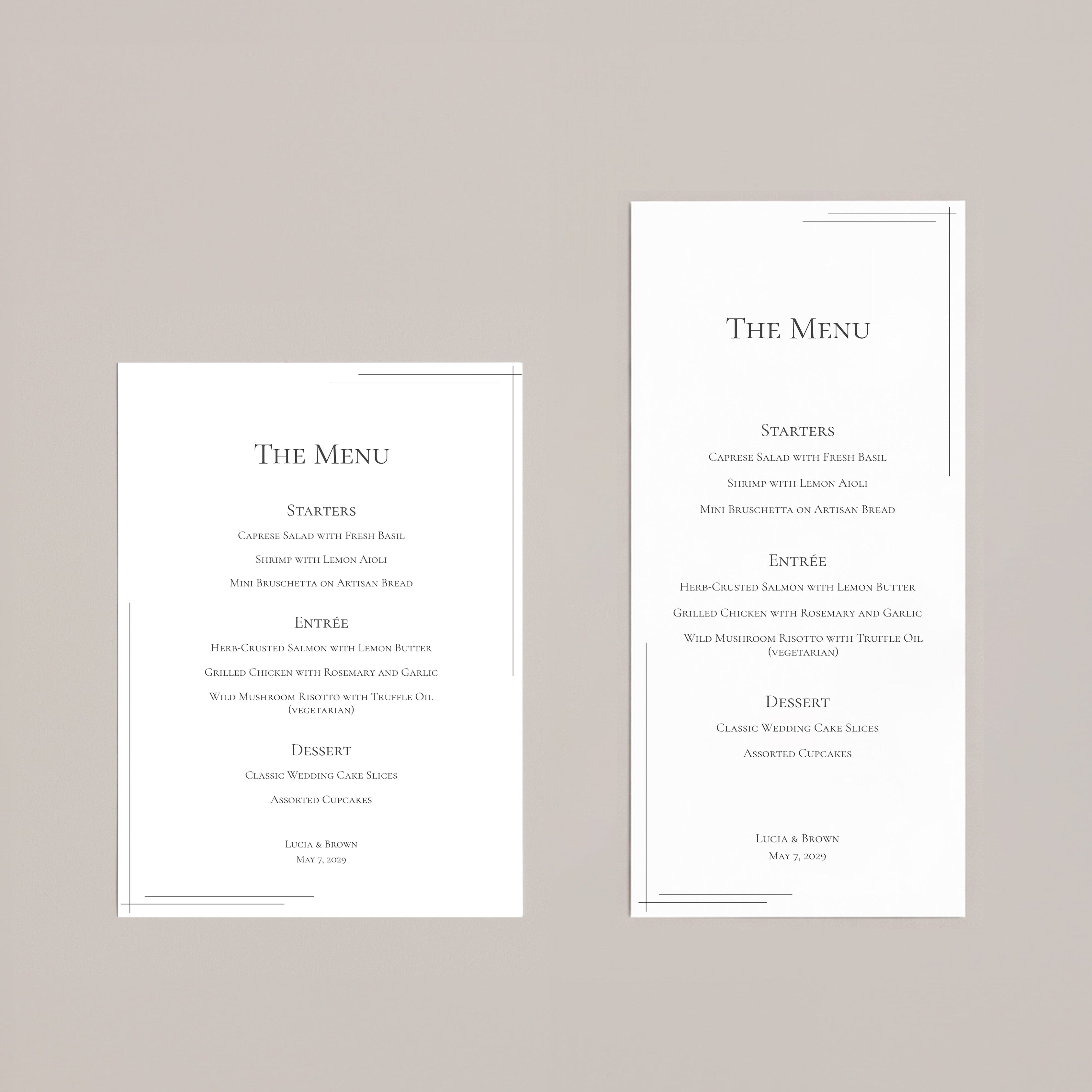 Two Minimal Modern Wedding menu card design on a beige background