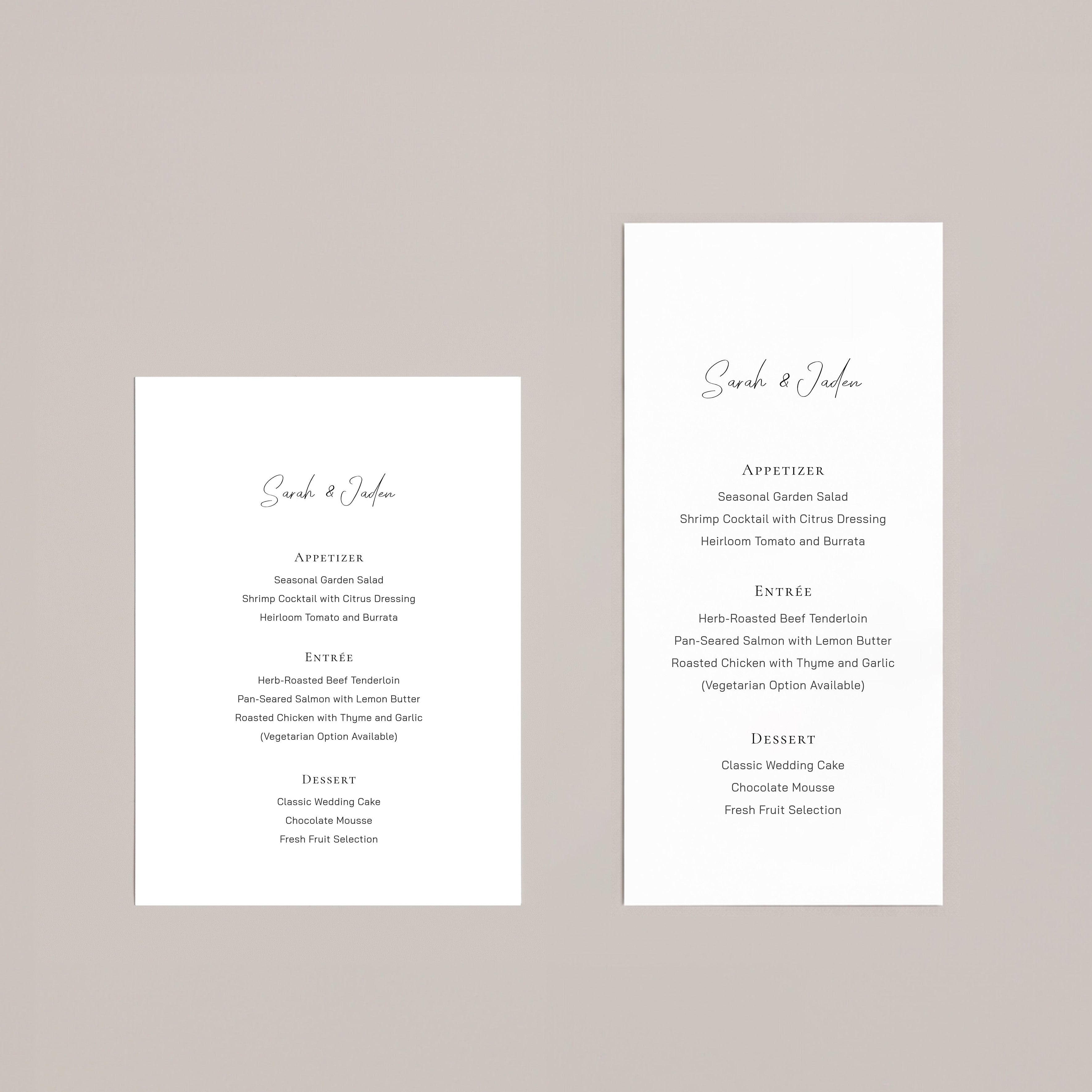 Two wedding menu cards on a beige background