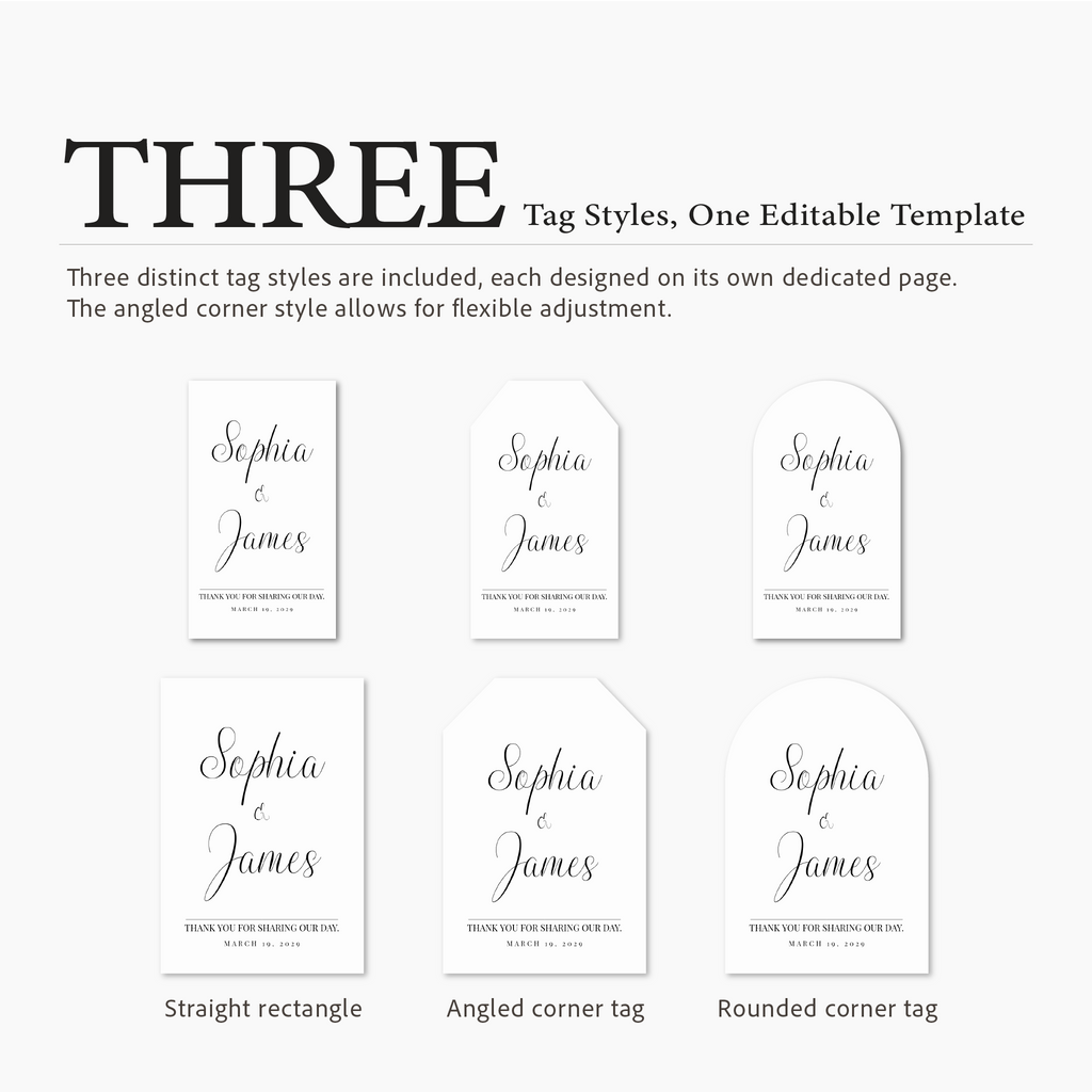 Three distinct tag styles with 'Sophia & James' text on a white background.