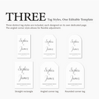 Three distinct tag styles with 'Sophia & James' text on a white background.