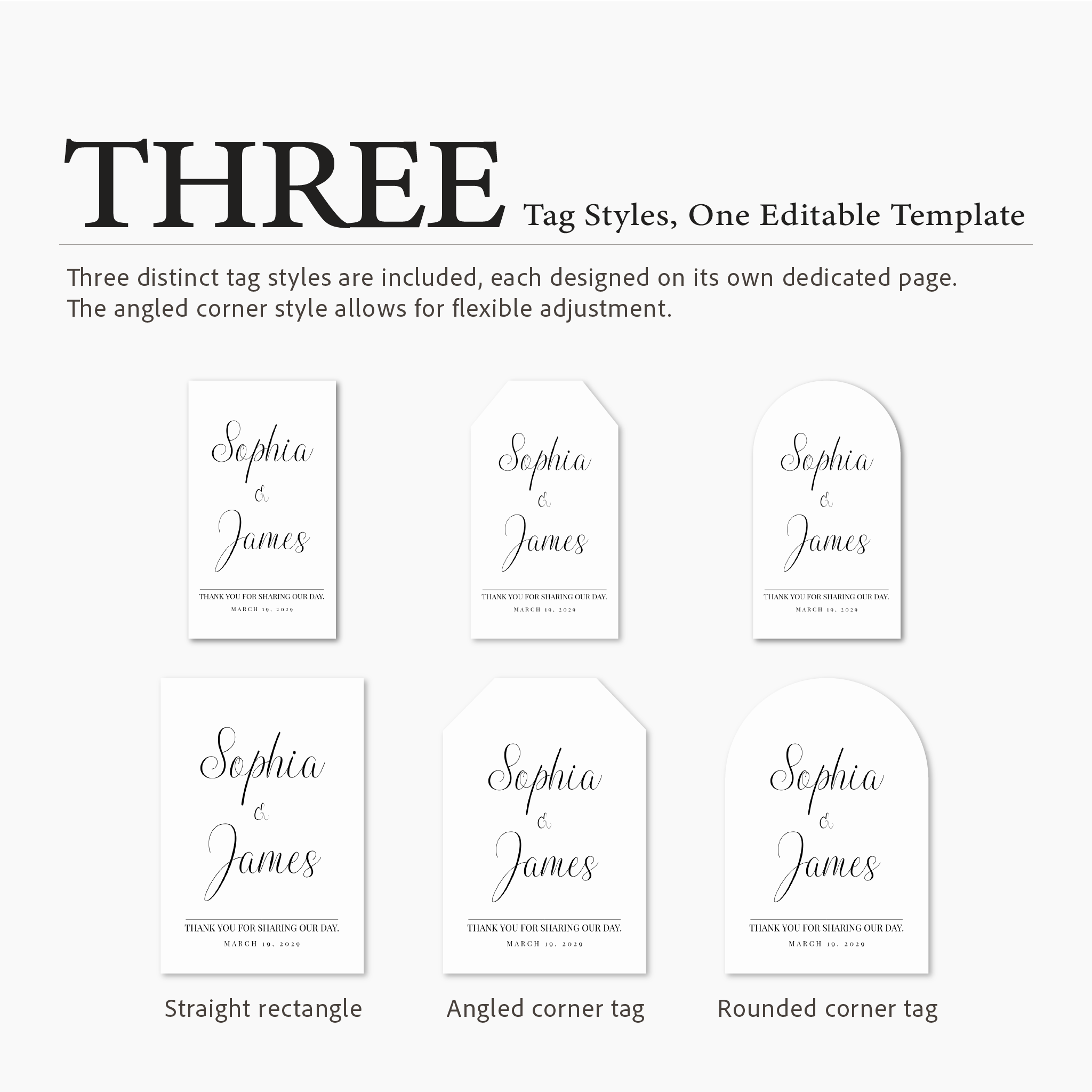 Three distinct tag styles with 'Sophia & James' text on a white background.