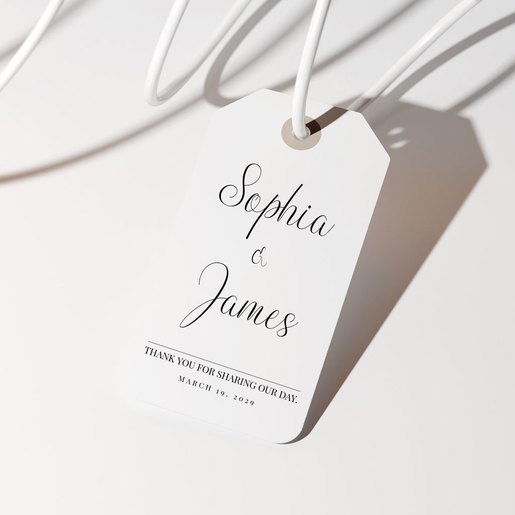 White tag with 'Sophia & James' text on a light background