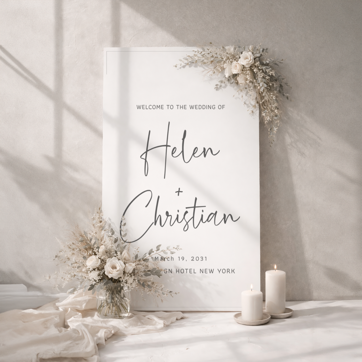 Screen recording of editing a minimalist wedding welcome sign template in Templett with final mockup reveal