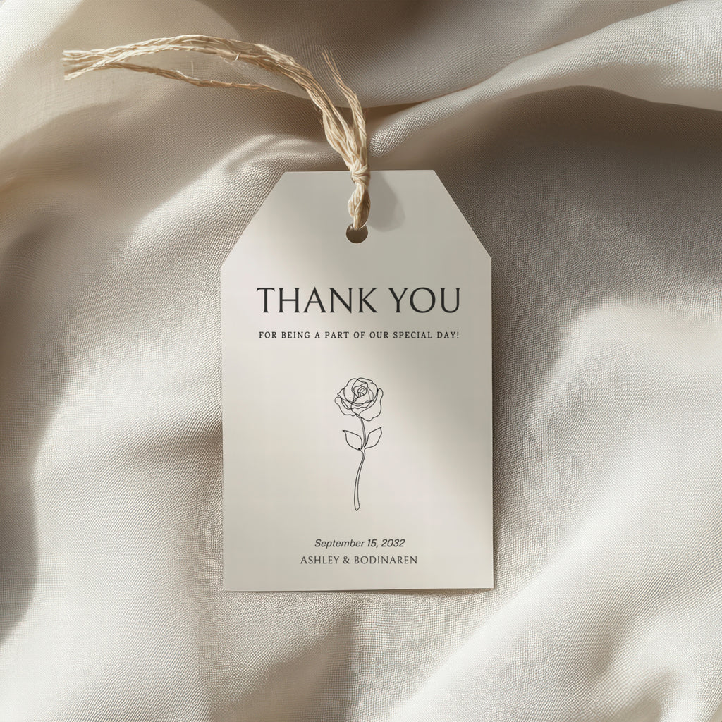 Demonstration of personalizing a neutral minimalist wedding favor tag template