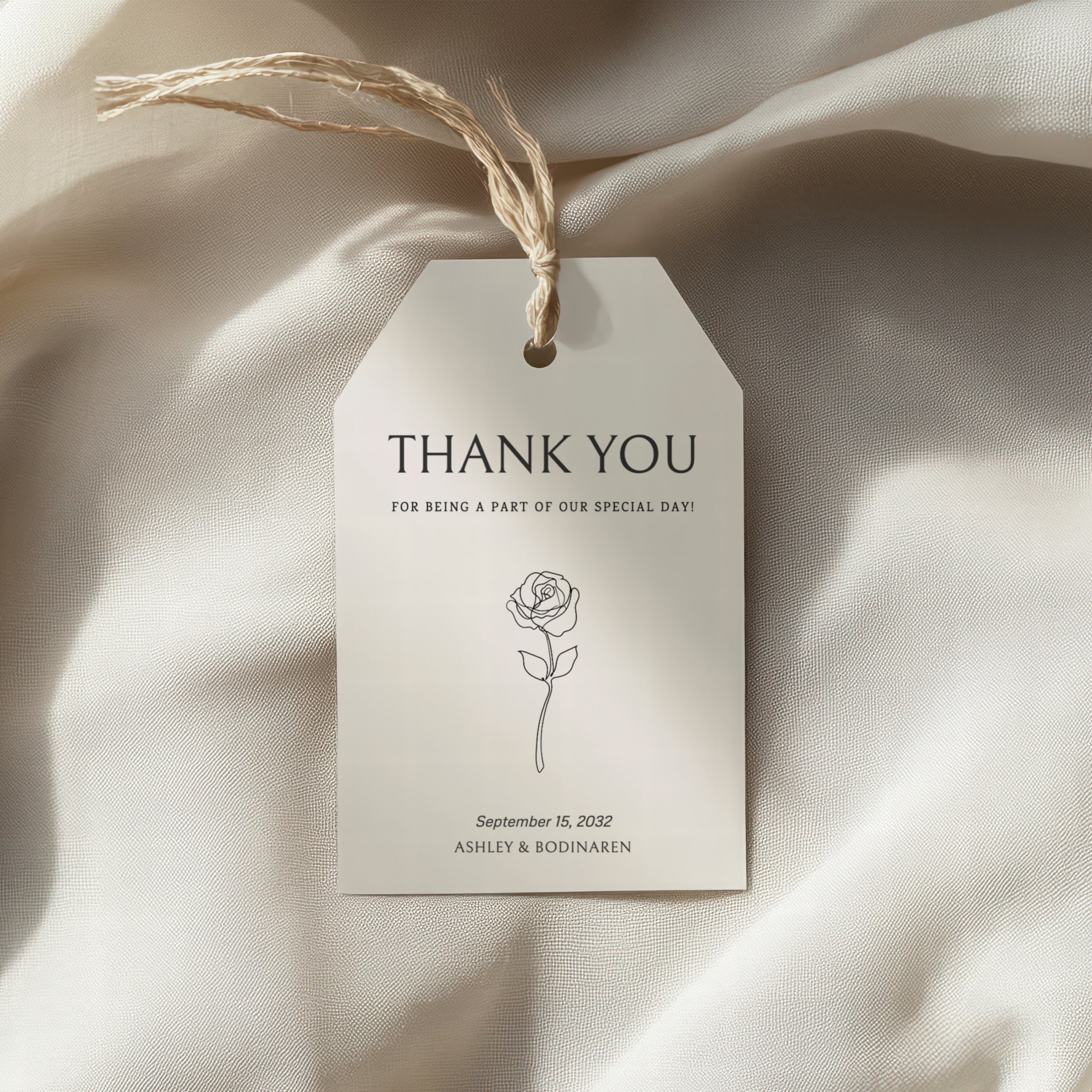 Demonstration of personalizing a neutral minimalist wedding favor tag template