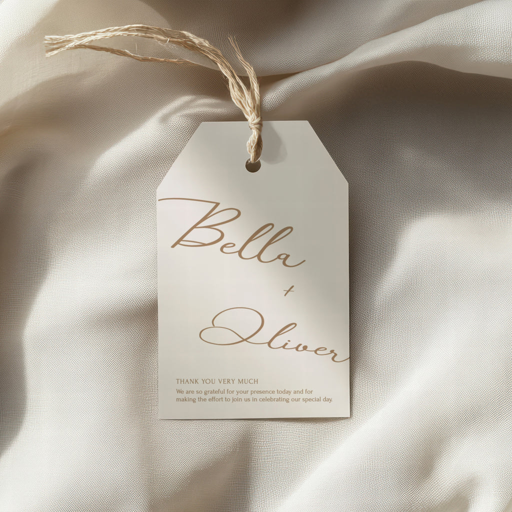 Walkthrough of updating names and date on a modern wedding favor tag in Templett