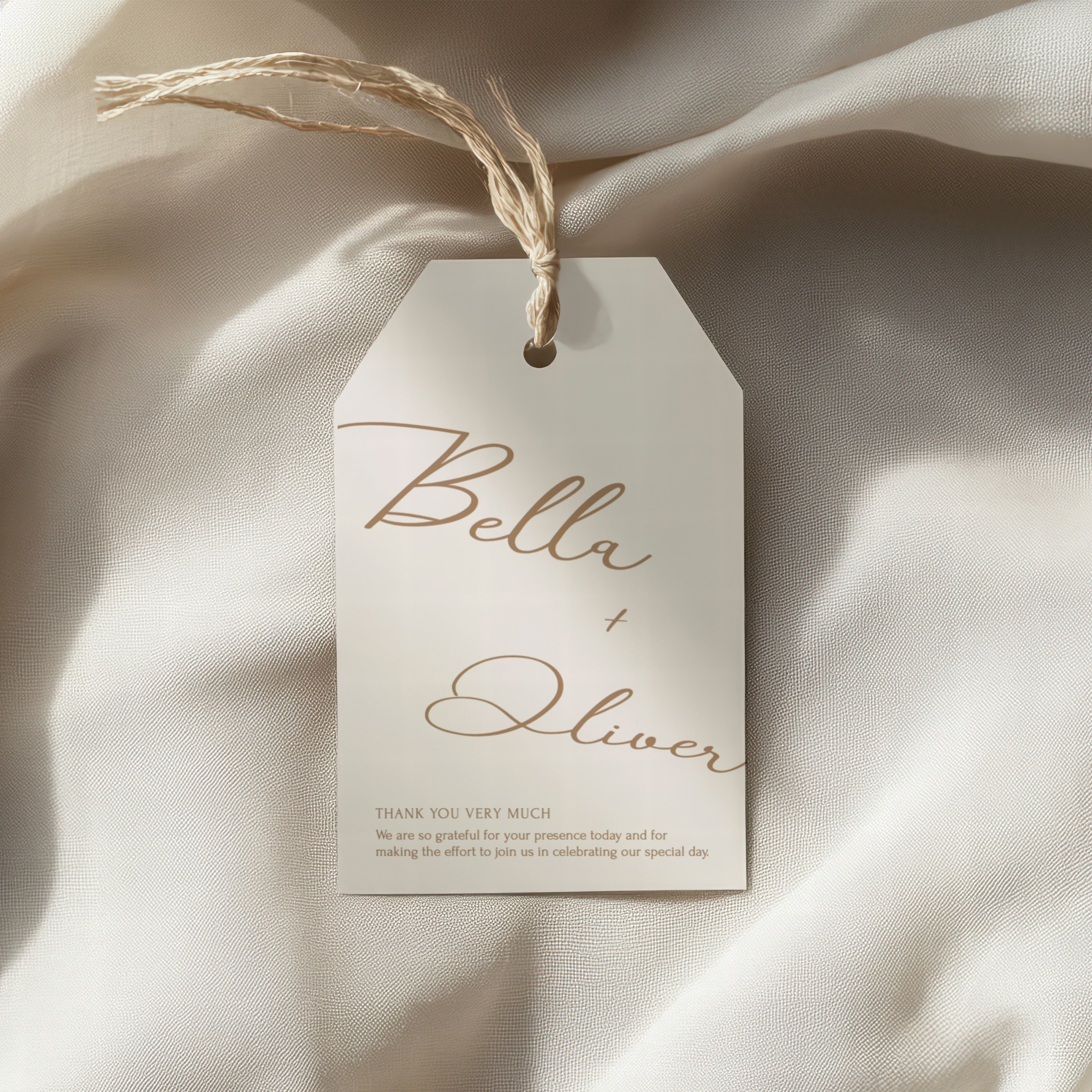 Walkthrough of updating names and date on a modern wedding favor tag in Templett