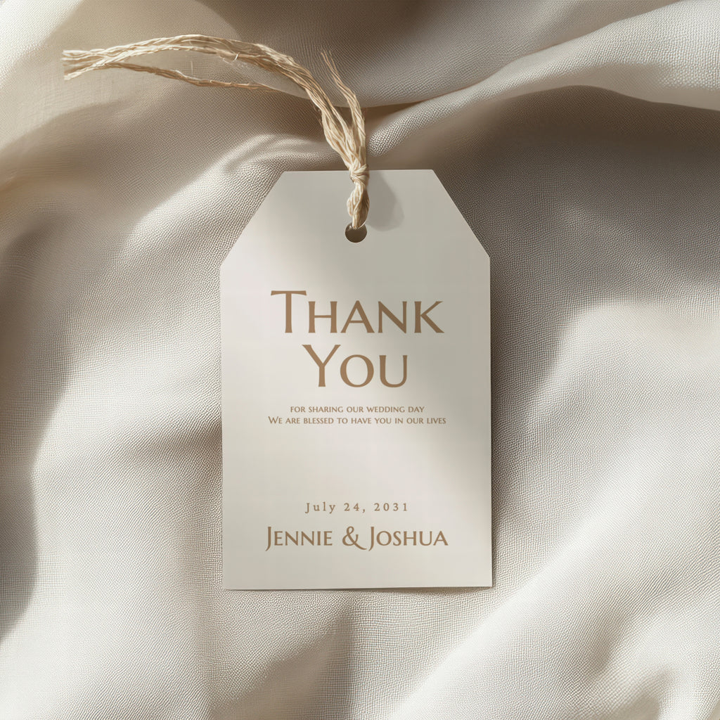 Editing process of a modern script wedding favor tag template in Templett