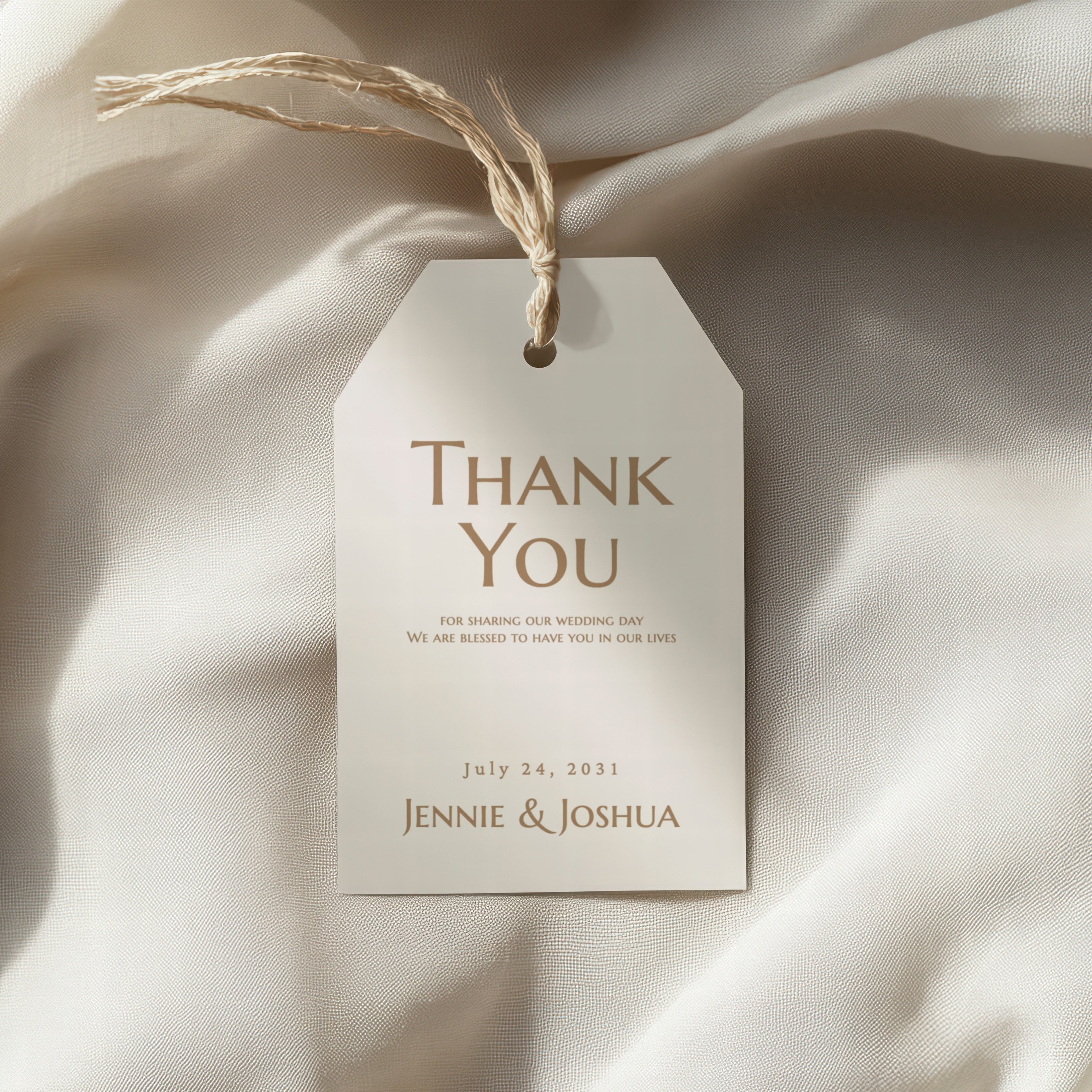 Editing process of a modern script wedding favor tag template in Templett