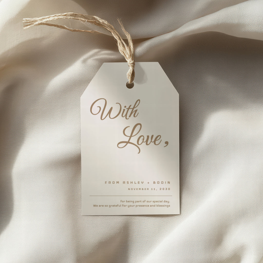 Video showing easy text editing of a minimalist wedding favor tag template