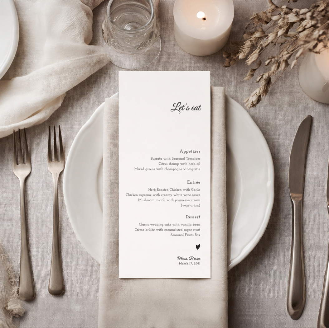 Templett customization video of an elegant wedding menu template from edit mode to luxury mockup