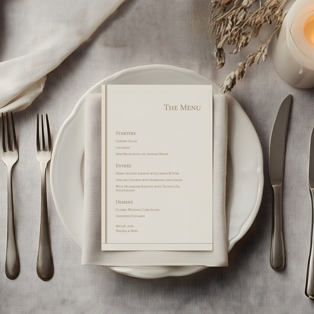 Online editing demonstration of a modern serif wedding menu design with completed mockup view 