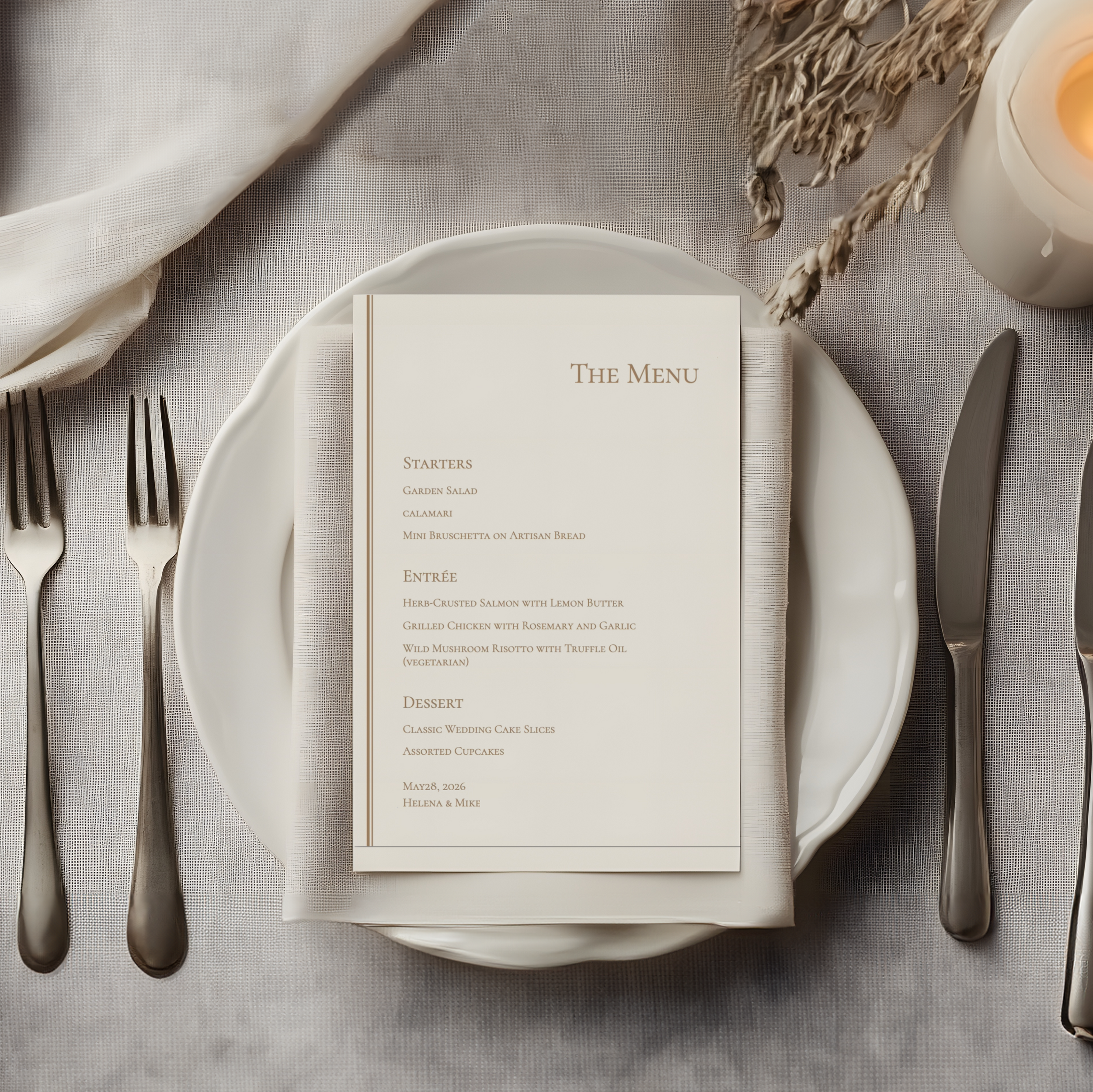 Online editing demonstration of a modern serif wedding menu design with completed mockup view 