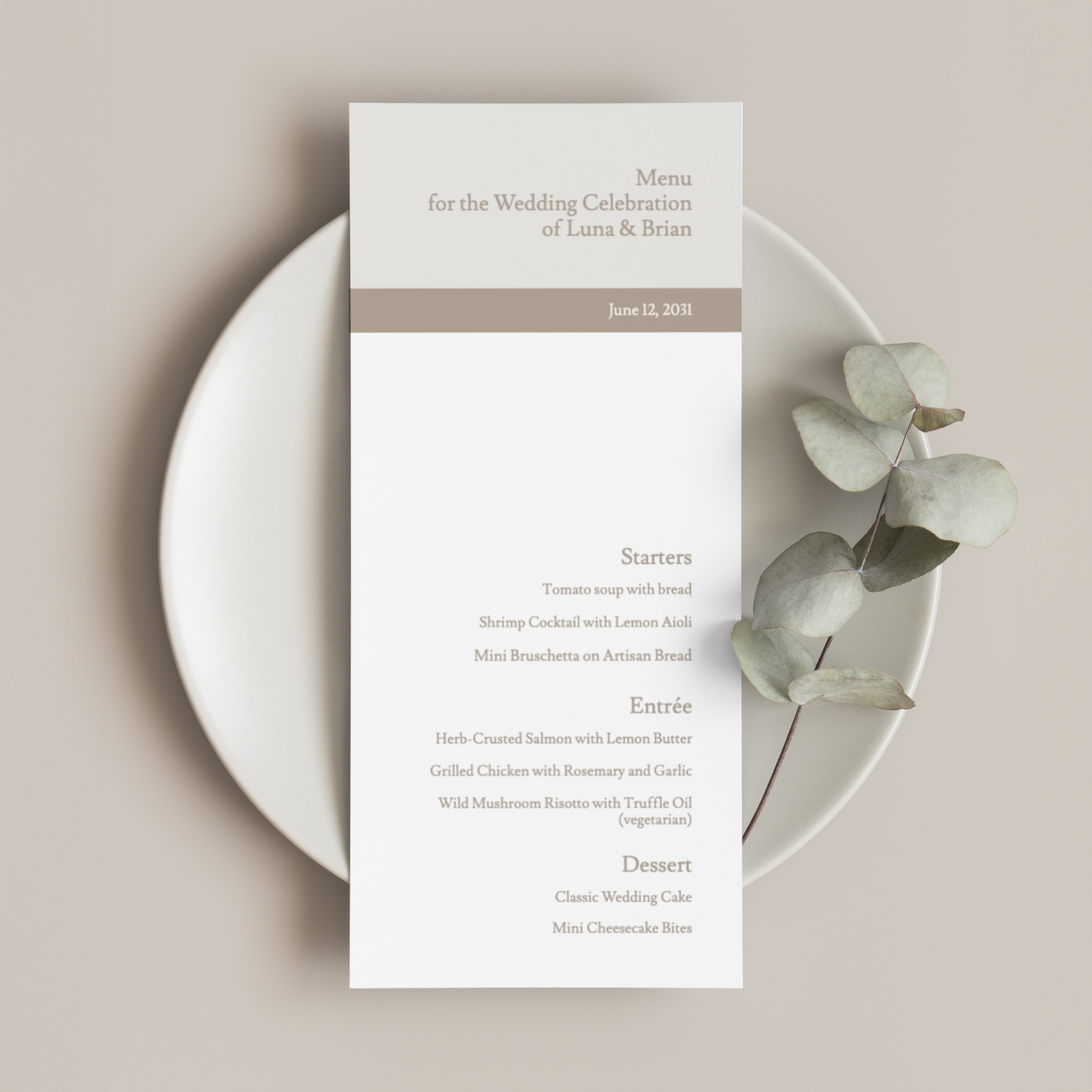 Editing process of a clean editorial wedding menu in Templett followed by a styled presentation image