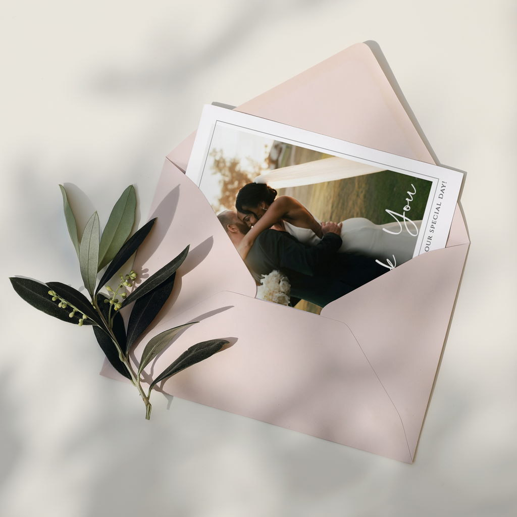 Templett screen recording of editing a minimalist wedding thank you card template with final styled mockup reveal
