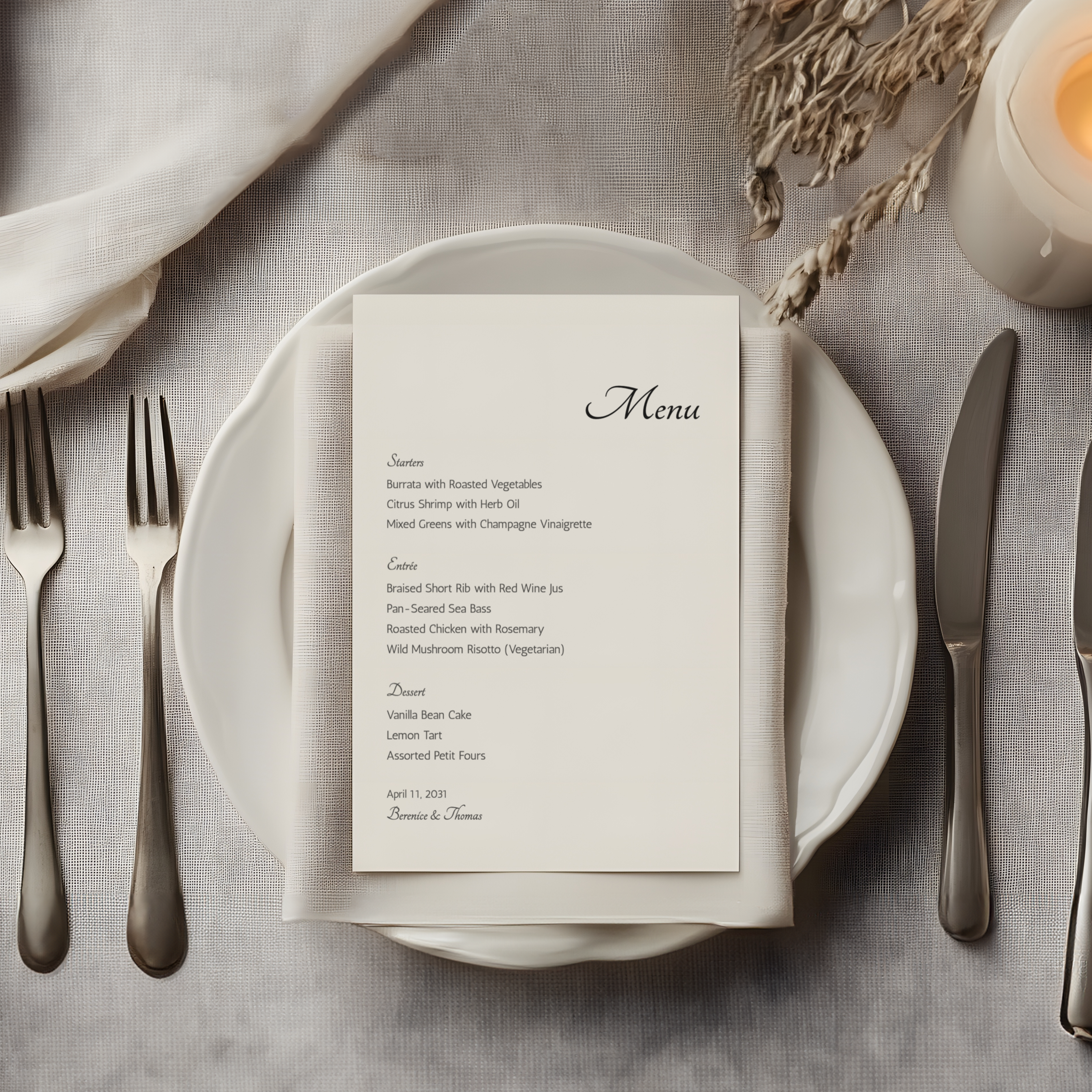 Screen capture of updating wedding menu details in Templett and showcasing final mockup layout