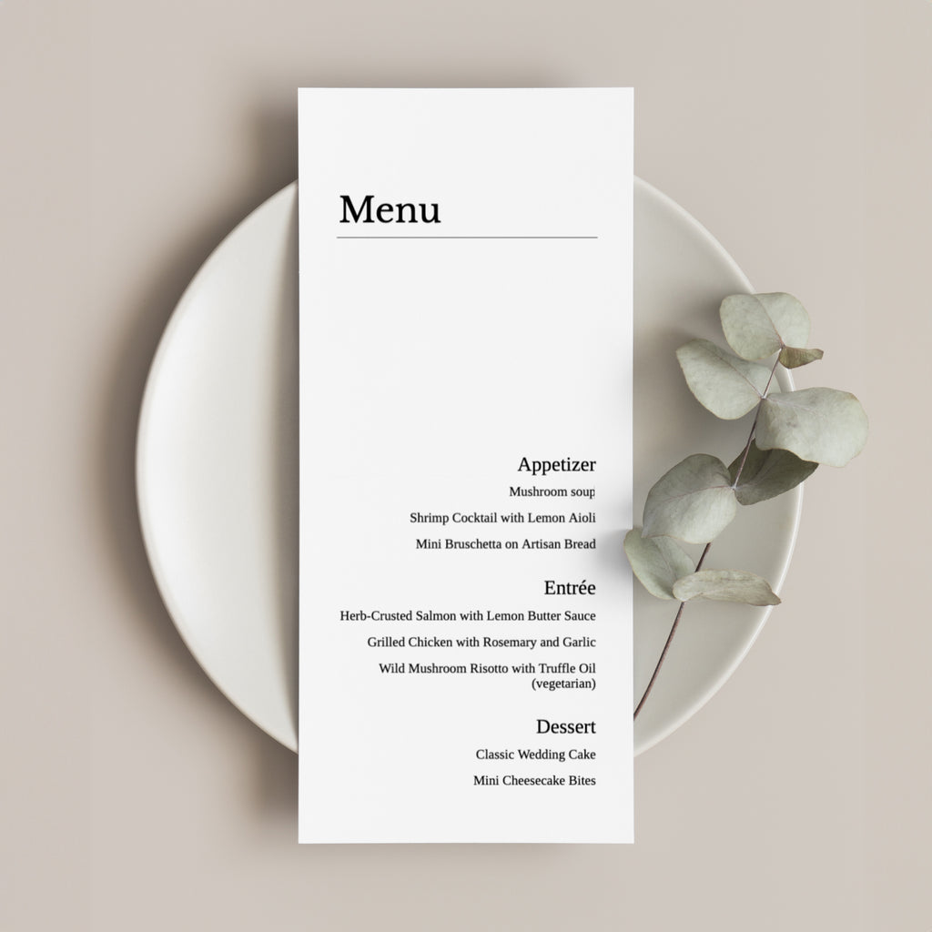 Screen recording of editing a minimalist wedding menu template in Templett with final styled mockup preview