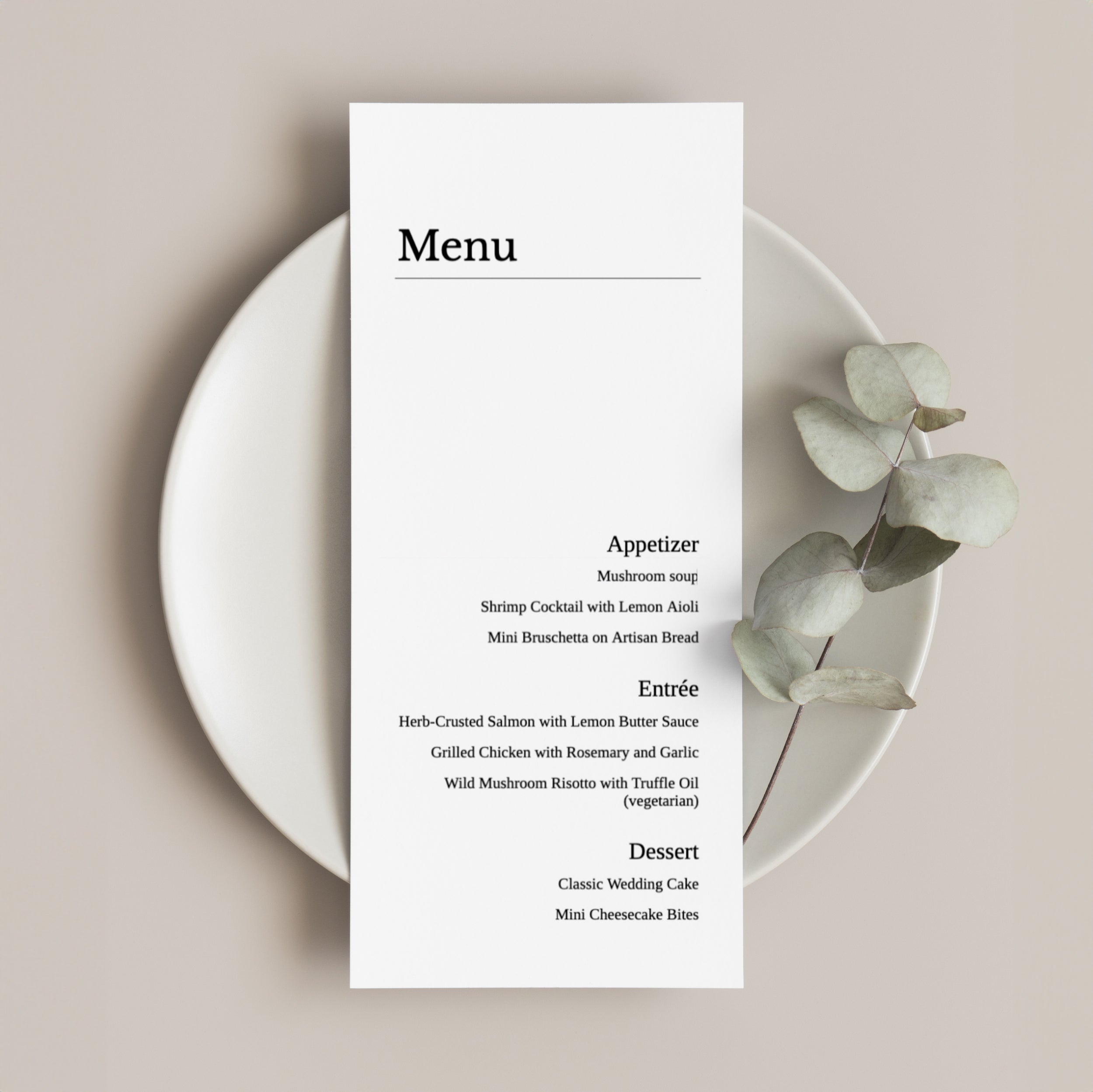 Screen recording of editing a minimalist wedding menu template in Templett with final styled mockup preview